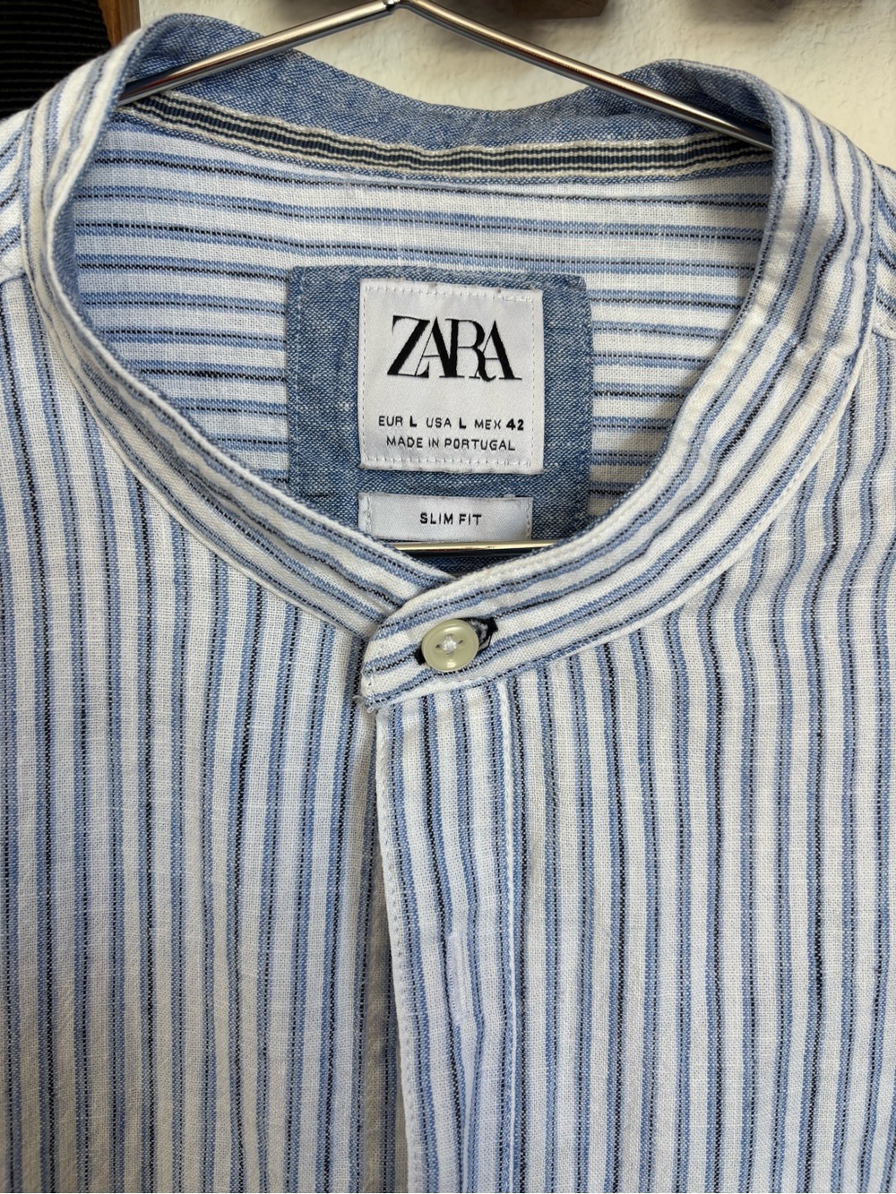 ZARA Blue & White Striped Band-Collar Shirt